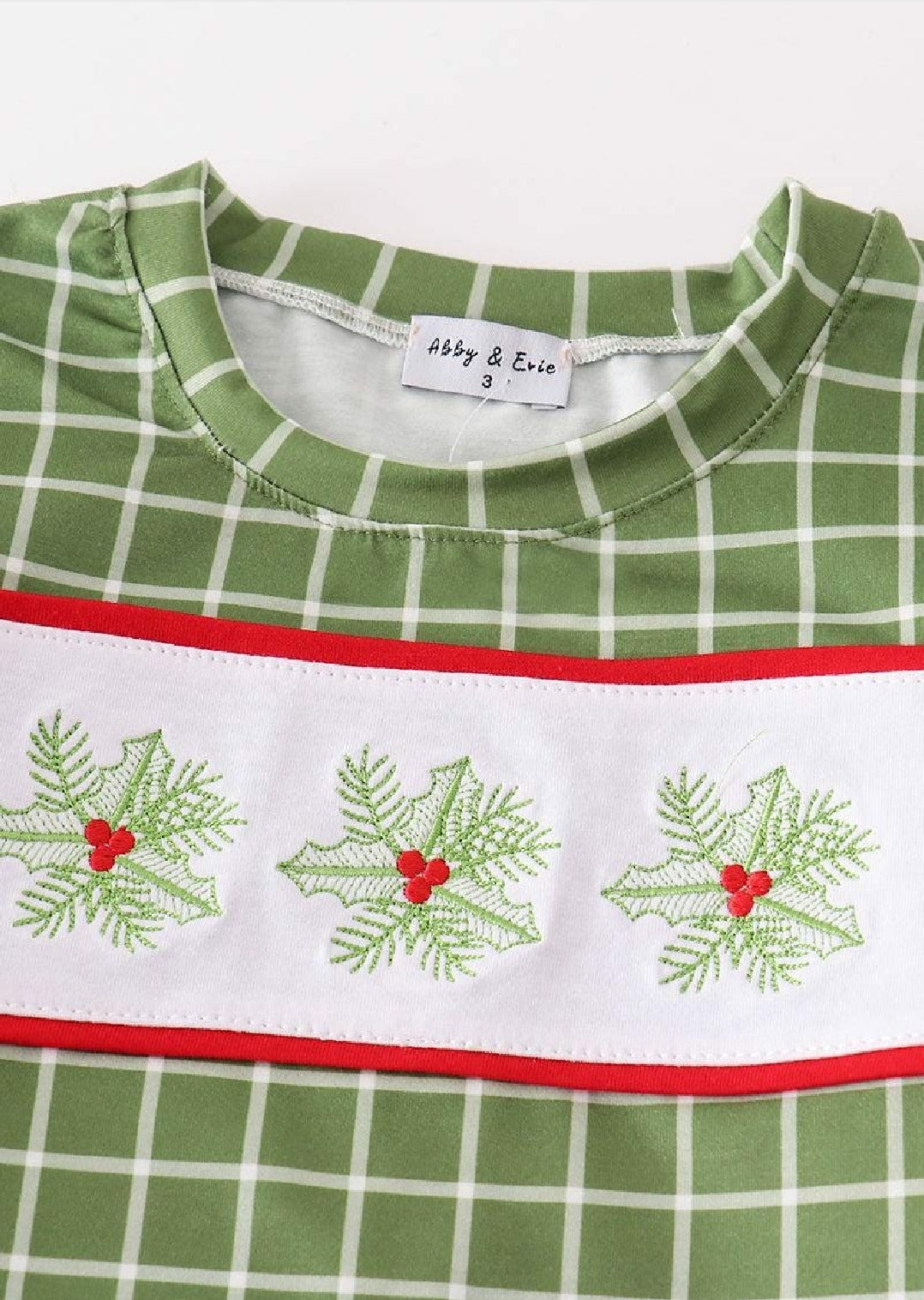 Boy's Boutique Christmas Green Holly Plaid Embroidery Embroidered 2 Piece Pant Set Outfit Matching Sibling