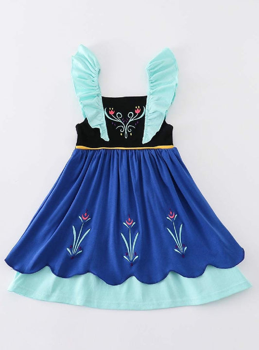 Girl's Boutique Green Navy Blue Aqua Floral Flower Dress Sibling Matching