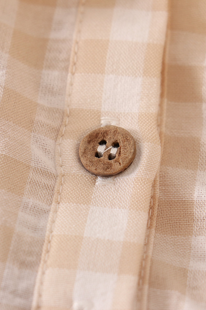 Girl's Boutique Cream Plaid Linen Button Down Checkered Flannel Lace Bubble Romper Matching Sibling