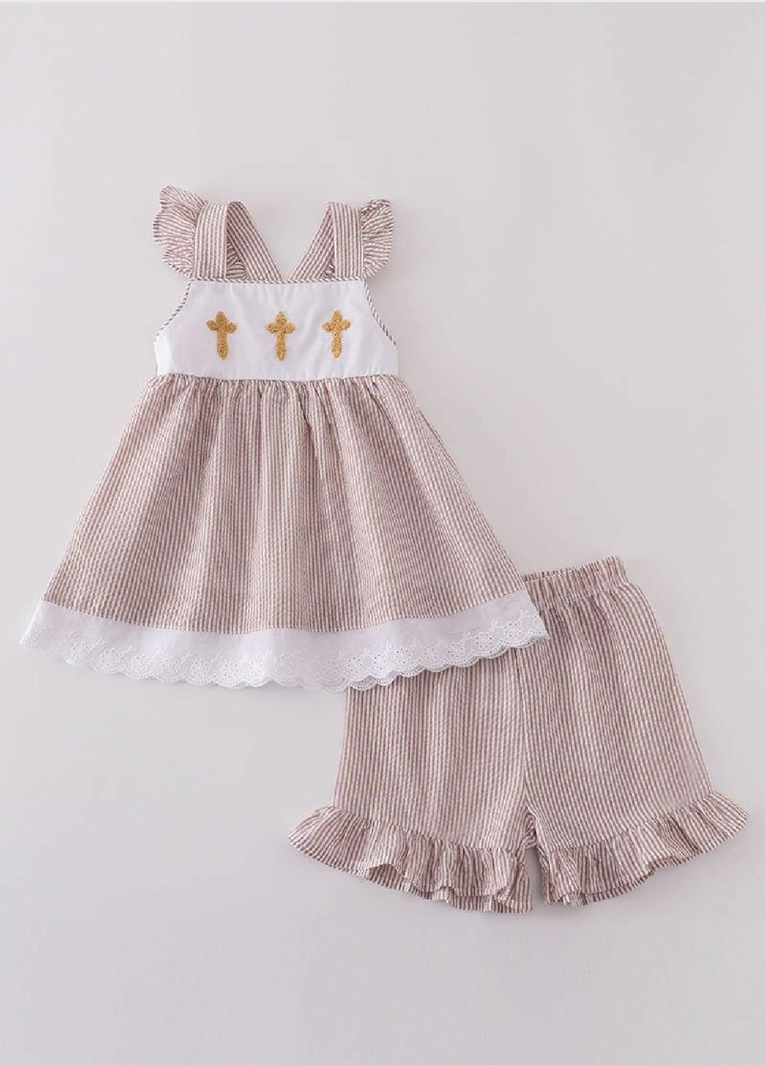 Girl's Boutique Premium White Stripe Easter Cross Brown Embroidered Two Piece Short Set Ruffles Lace Outfit Matching Sibling