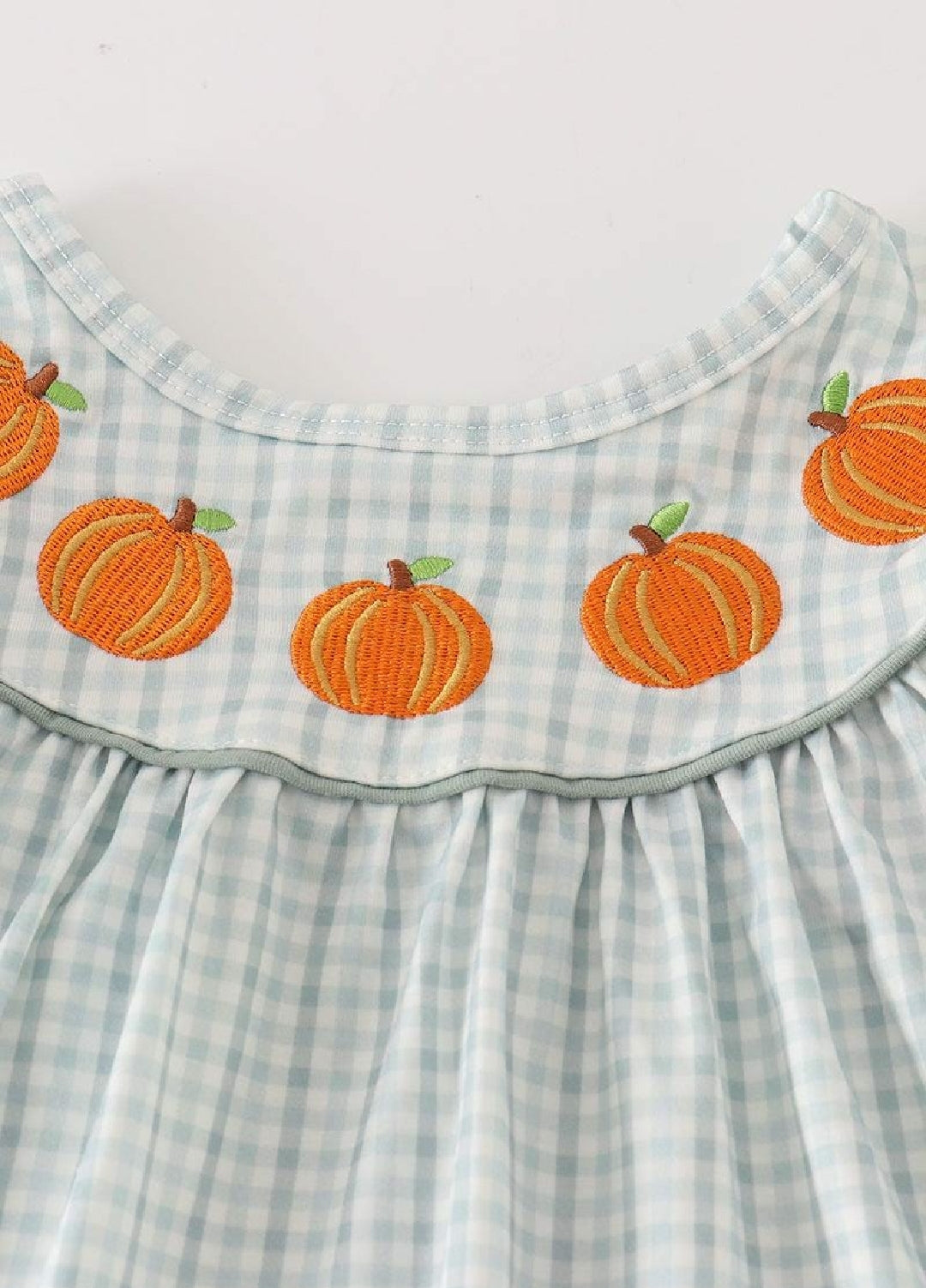 Girl's Boutique Cotton Green Pumpkin Checkard Embroidered Dress Matching Sibling