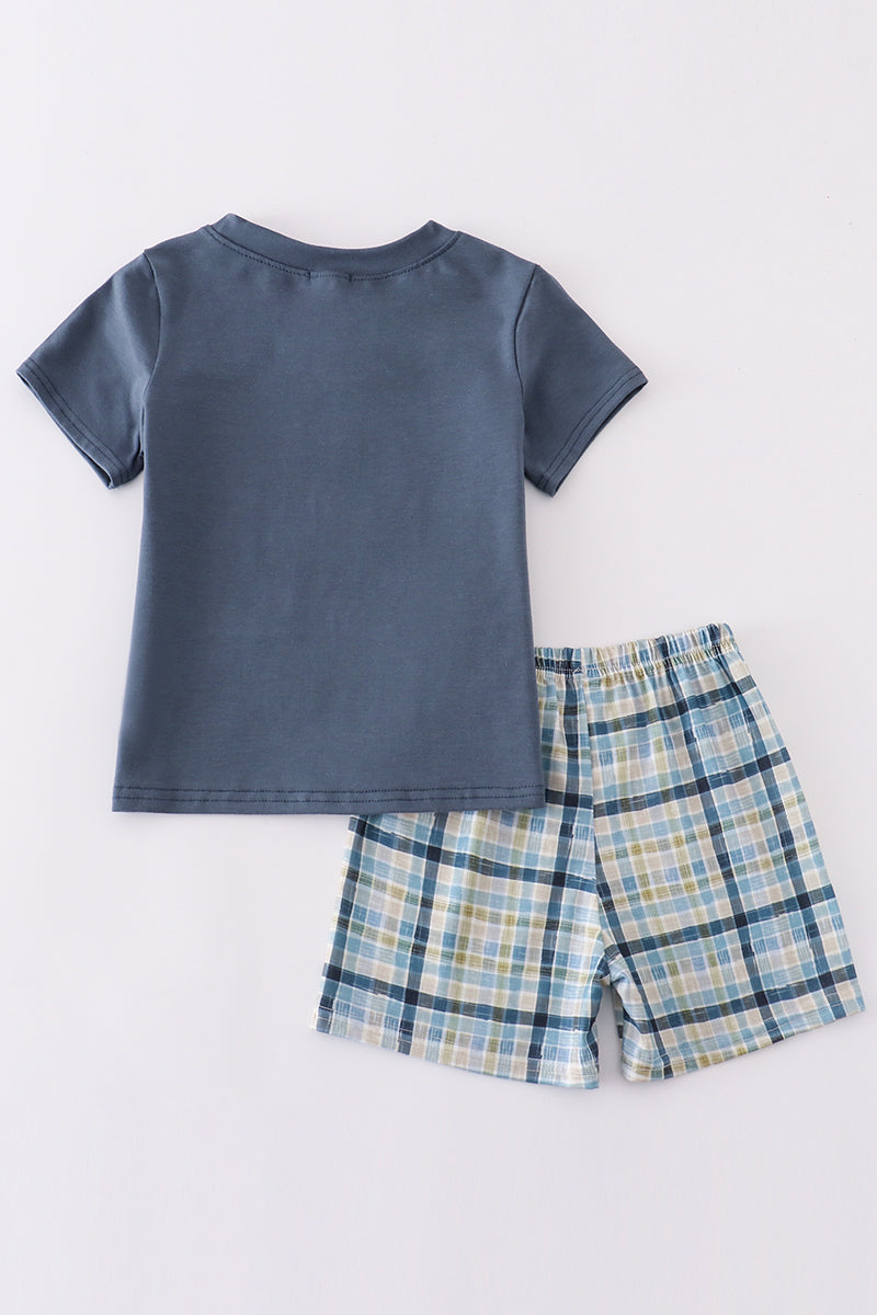 Boy's Boutique Blue Tool Box Applique Embroidered Embroidery 2 Piece Shorts Outfit Set Matching Sibling