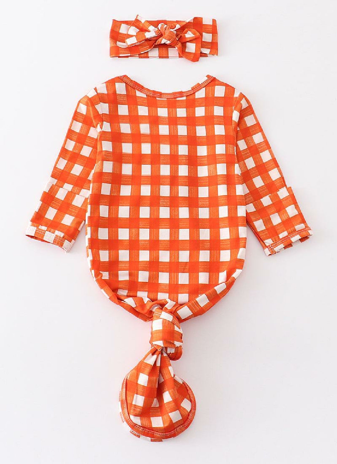 Girl's Boutique Orange Plaid Print Baby Knot One Piece Outfit And Matching Headband