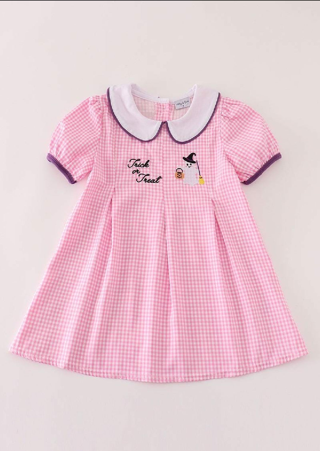 Girl's Boutique Cotton Pink And Purple Plaid Halloween Embroidered Dress Matching Sibling