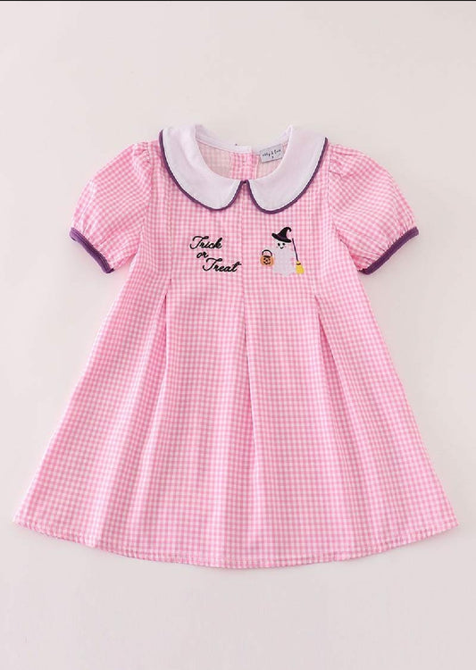 Girl's Boutique Cotton Pink And Purple Plaid Halloween Embroidered Dress Matching Sibling