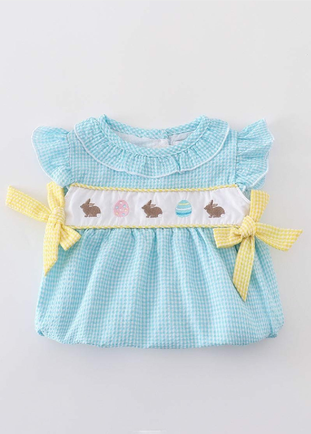 Girl's Premium Boutique Mint Easter Bunny Egg Gingham Embroidered Bubble Romper Outfit Matching Sibling