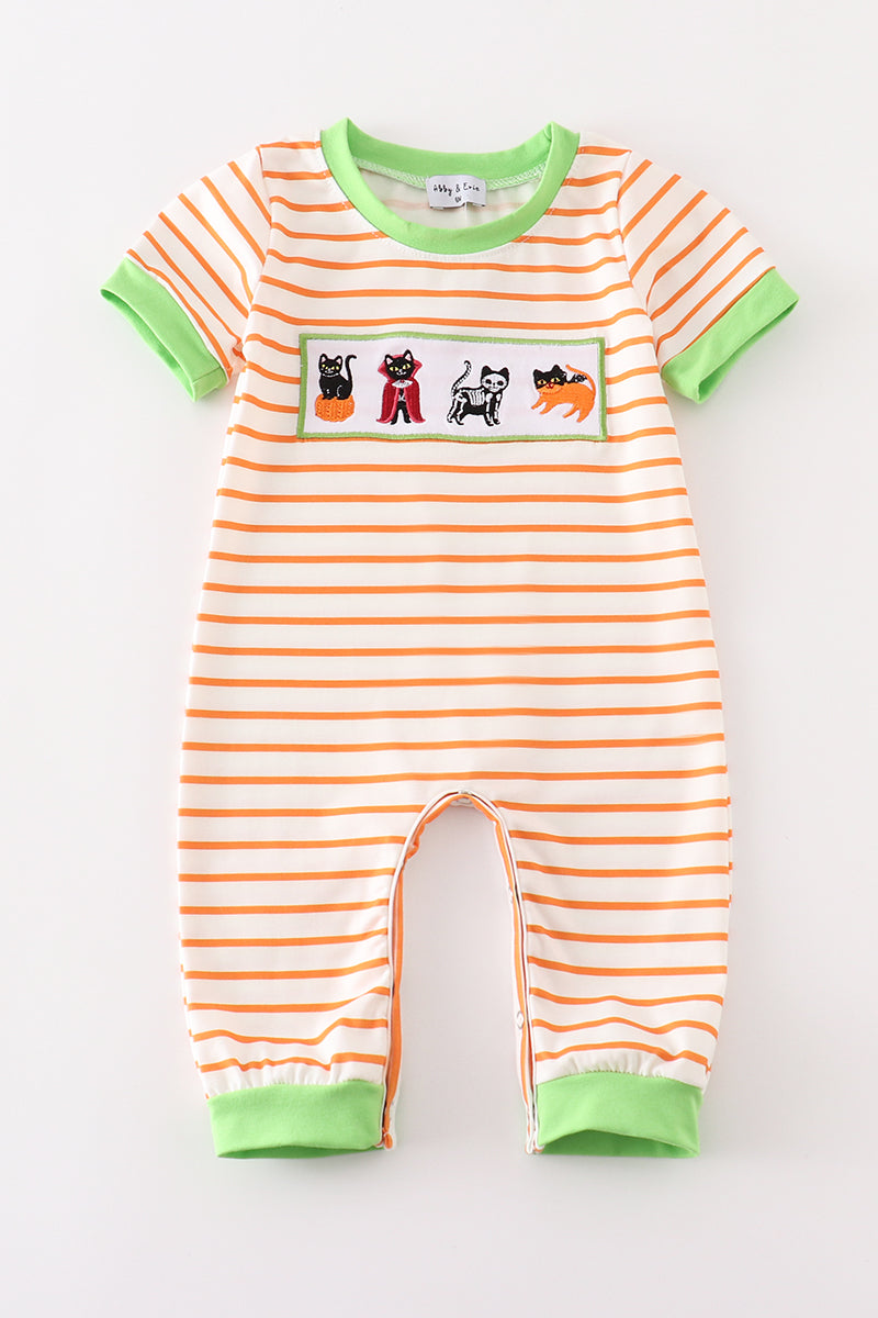 Boy's Boutique Orange And Green Cat Halloween Striped Romper Sibling Matching Size 3M