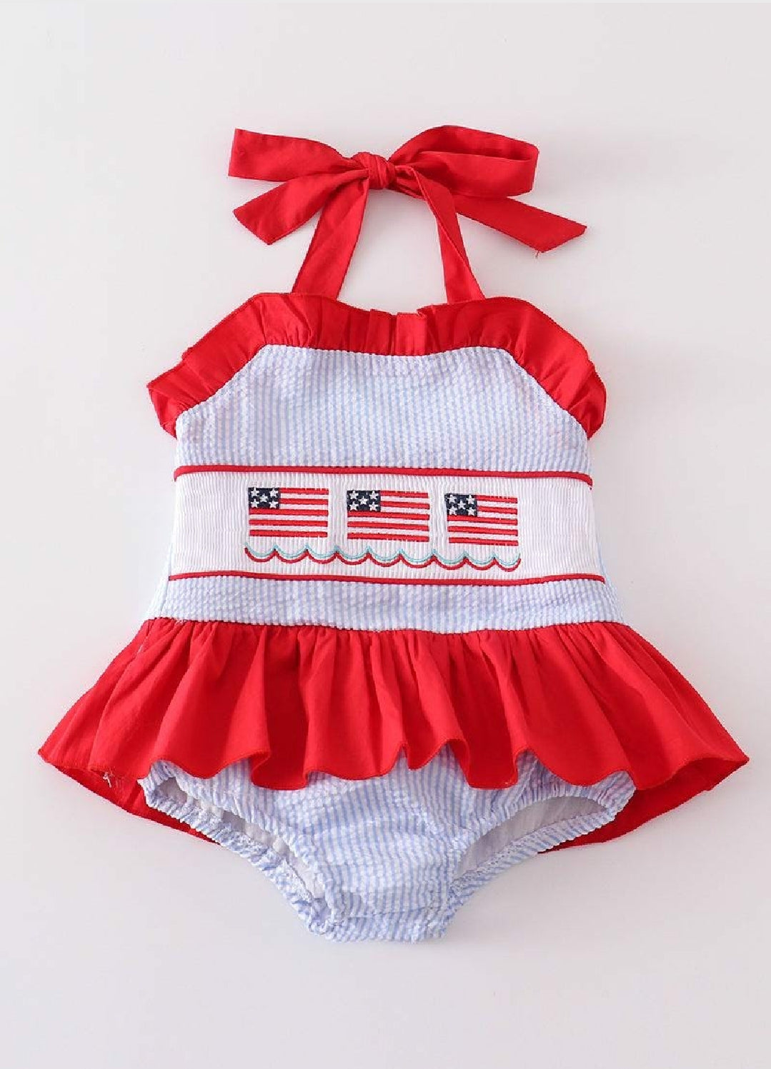 Girl's Boutique Seersucker Patriotic Flag Waves Embroidered Embroidery 4th Of July One Piece Swimsuit Matching Sibling