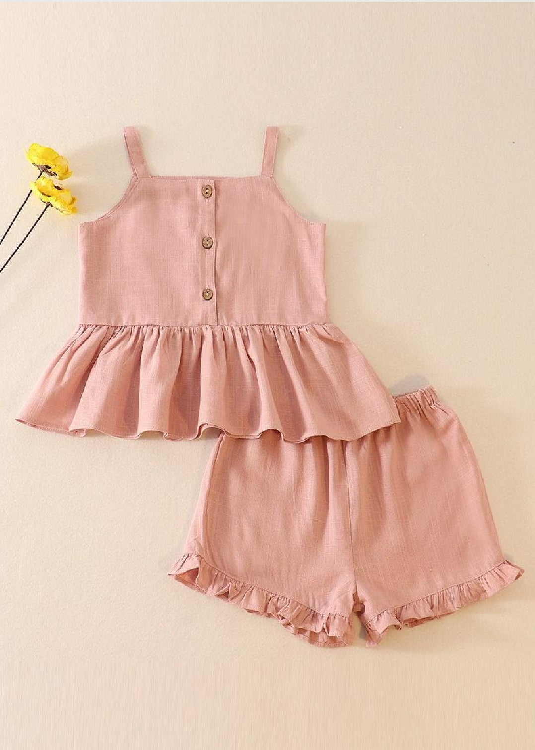 Girl's Boutique Blush Pink Linen Ruffle 2 Two Piece Summer Outfit Set Matching Sibling