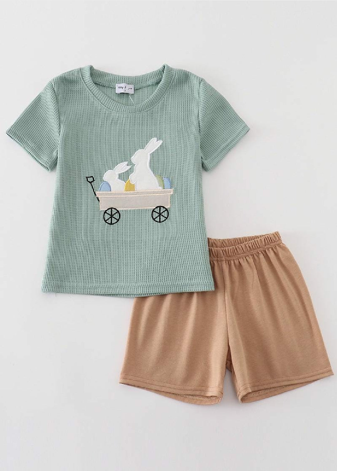 Boy's Boutique Waffle Easter Sage Bunny Applique Embroidered Embroidery Two Piece Short Set Outfit Matching Sibling