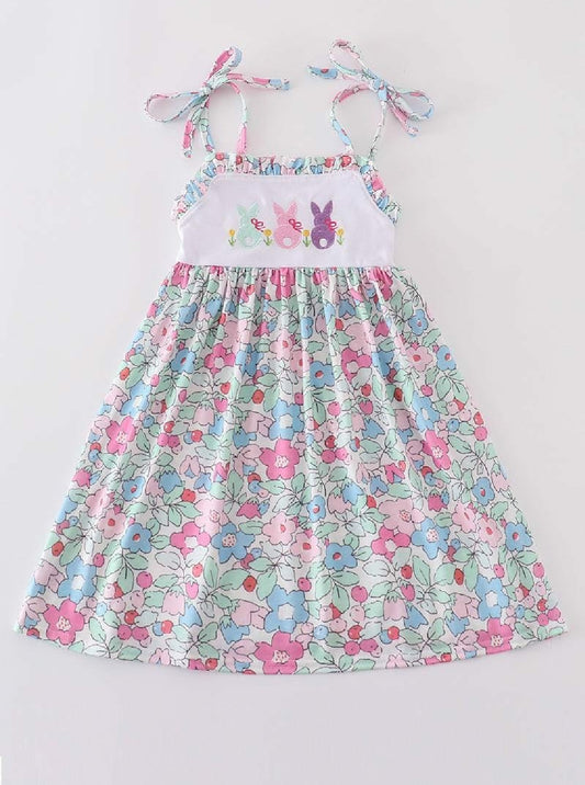Abby & Evie Girl's Boutique Easter Floral Bunny Dress Sibling Matching Embroidered Embroidery