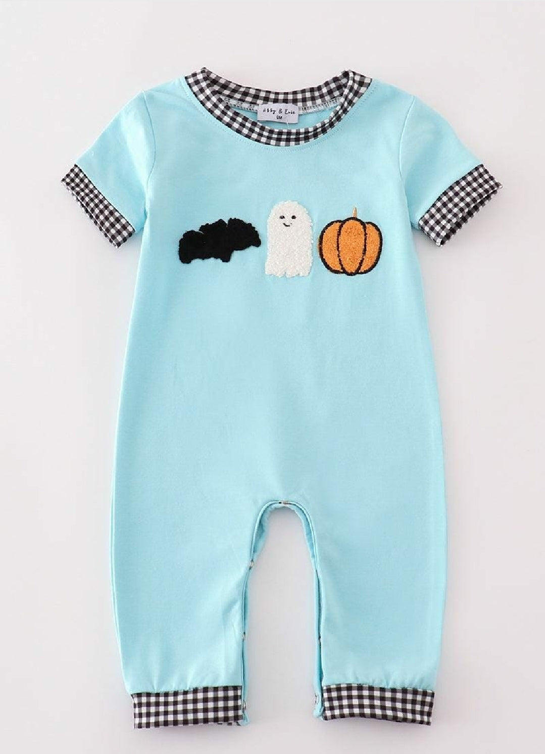 Boy's Boutique Blue Ghost Bat Halloween Plaid Embroidered Embroidery Romper Matching Sibling