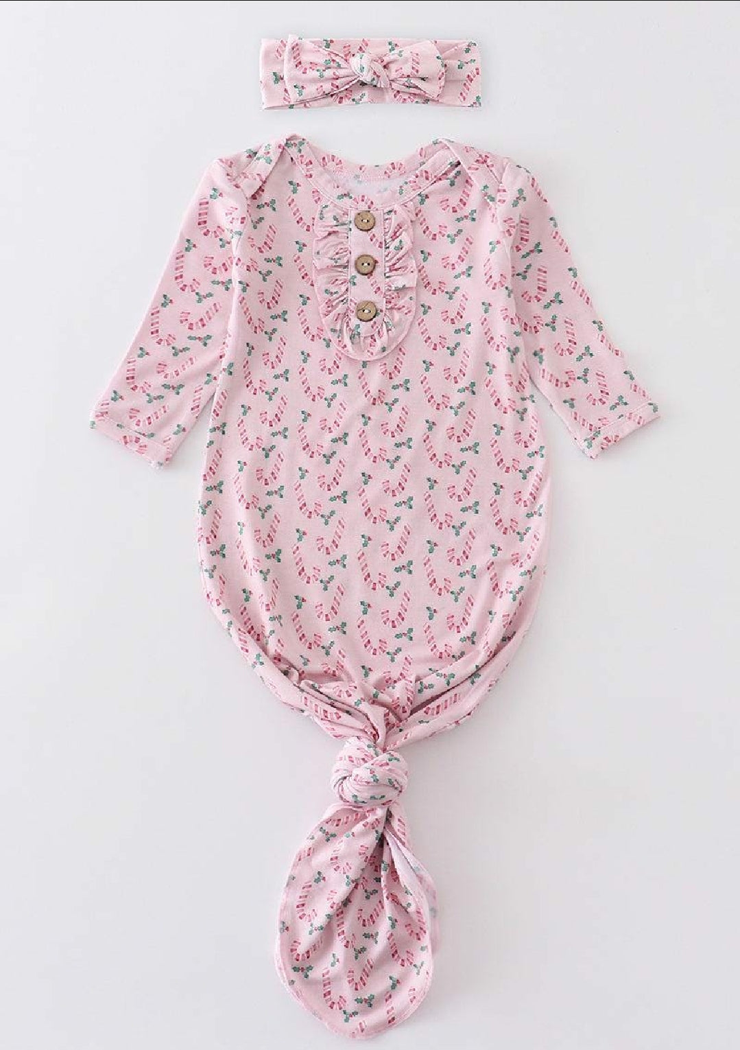 Girl's Boutique Pink Candy Cane Print Bamboo Baby Knot One Piece Outfit And Matching Headband Christmas