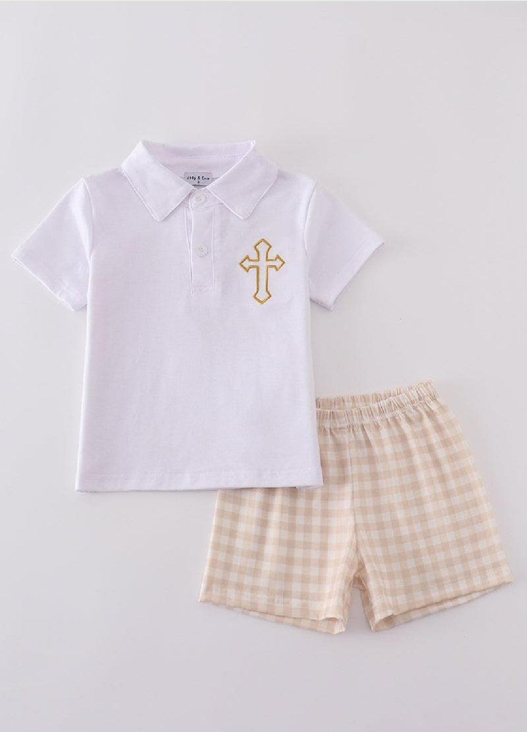 Boy's Boutique Premium White Easter Cross Embroidered Two Piece Short Set Outfit Matching Sibling