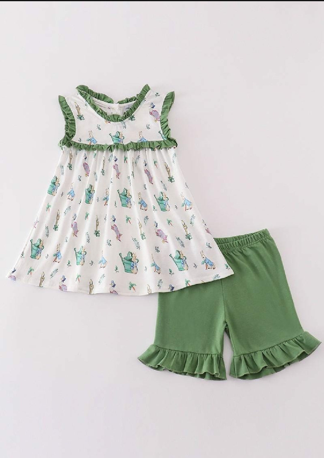Girl's Boutique Easter Green Floral Bunny Print Rabbit Goose Two Piece Short Set Outfit Sibling Matching Embroidered Embroidery