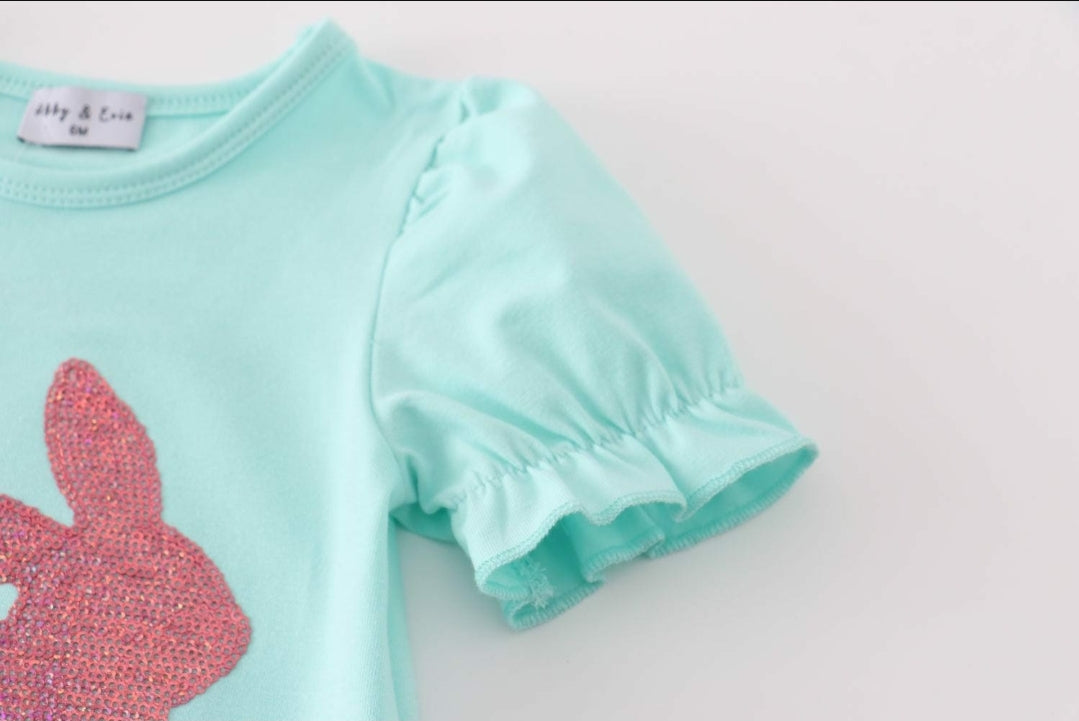 Girl's Boutique Mint Easter Sequin Pink Bunny Bubble Romper Matching Sibling