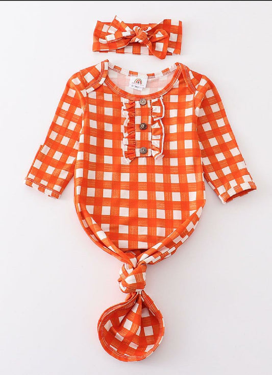 Girl's Boutique Orange Plaid Print Baby Knot One Piece Outfit And Matching Headband