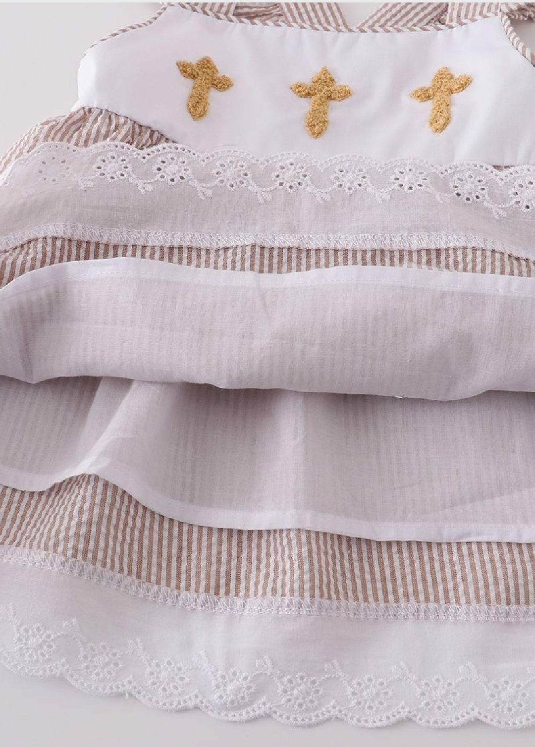 Girl's Boutique Premium White Stripe Easter Cross Brown Embroidered Two Piece Short Set Ruffles Lace Outfit Matching Sibling