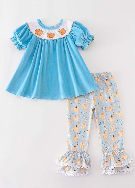 Girl's Boutique Blue Velvet Pumpkin Embroidered Embroidery Ruffle Floral Fall Pant 2 Piece Set Sibling Matching Thanksgiving