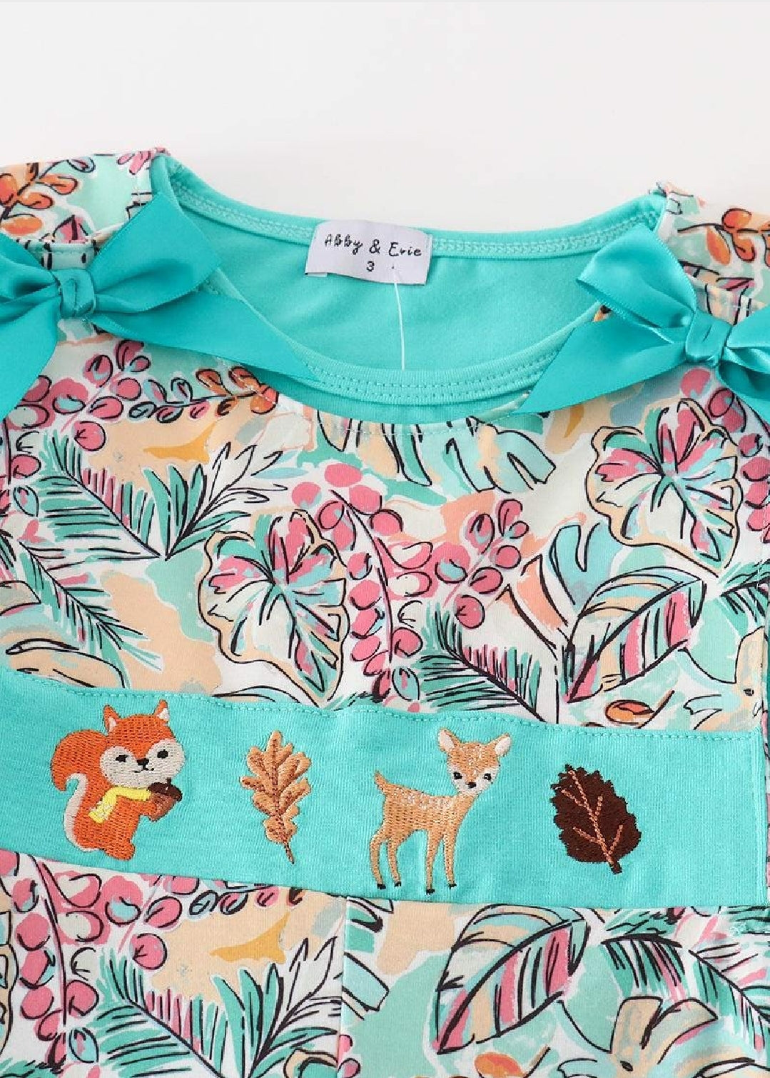 Girl's Boutique Teal Floral Print Forest Animal Embroidered Embroidery Baby Toddler 2PC Jumpsuit Set Matching Sibling