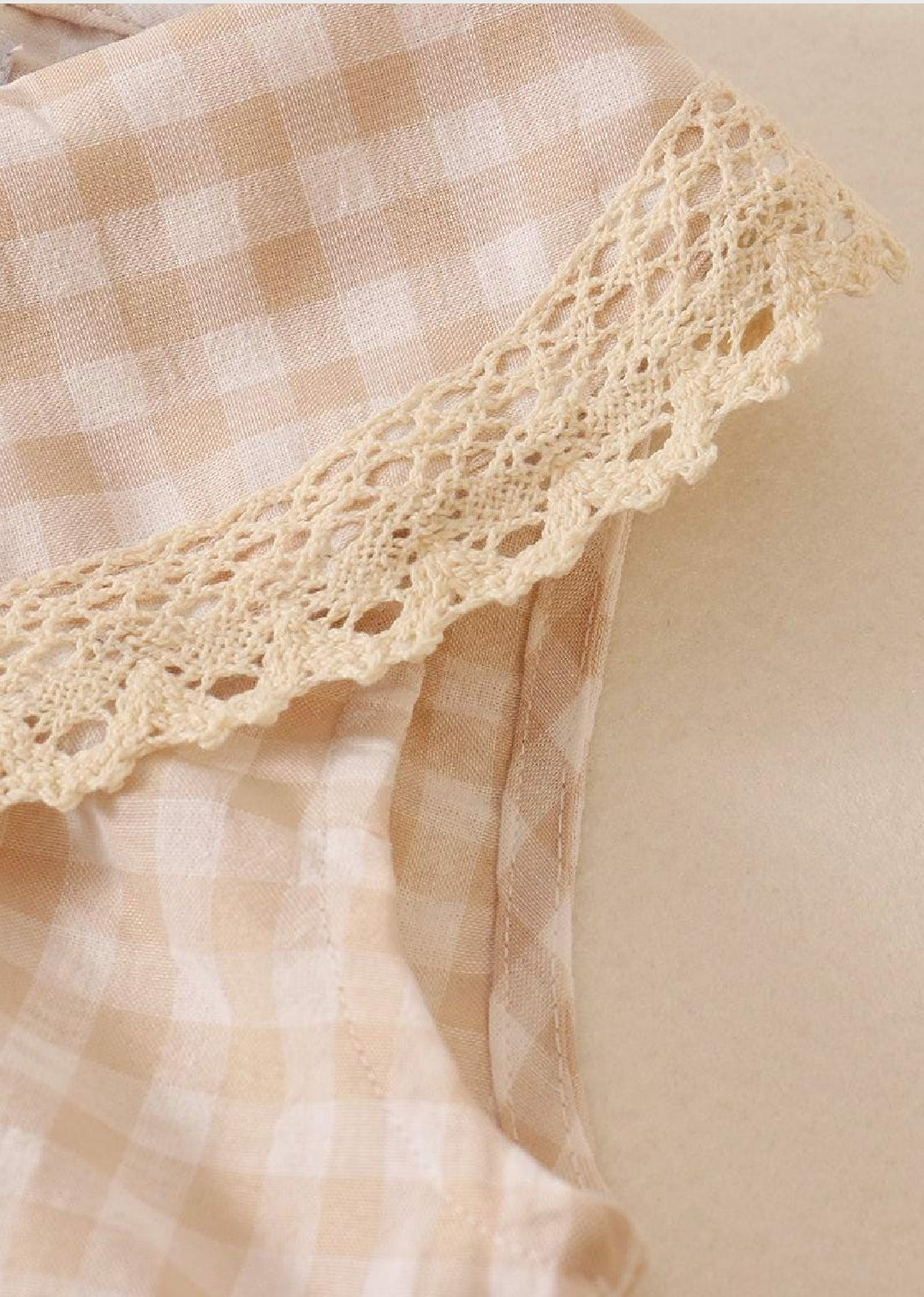 Girl's Boutique Cream Plaid Linen Button Down Checkered Lace Picnic Dress Matching Sibling