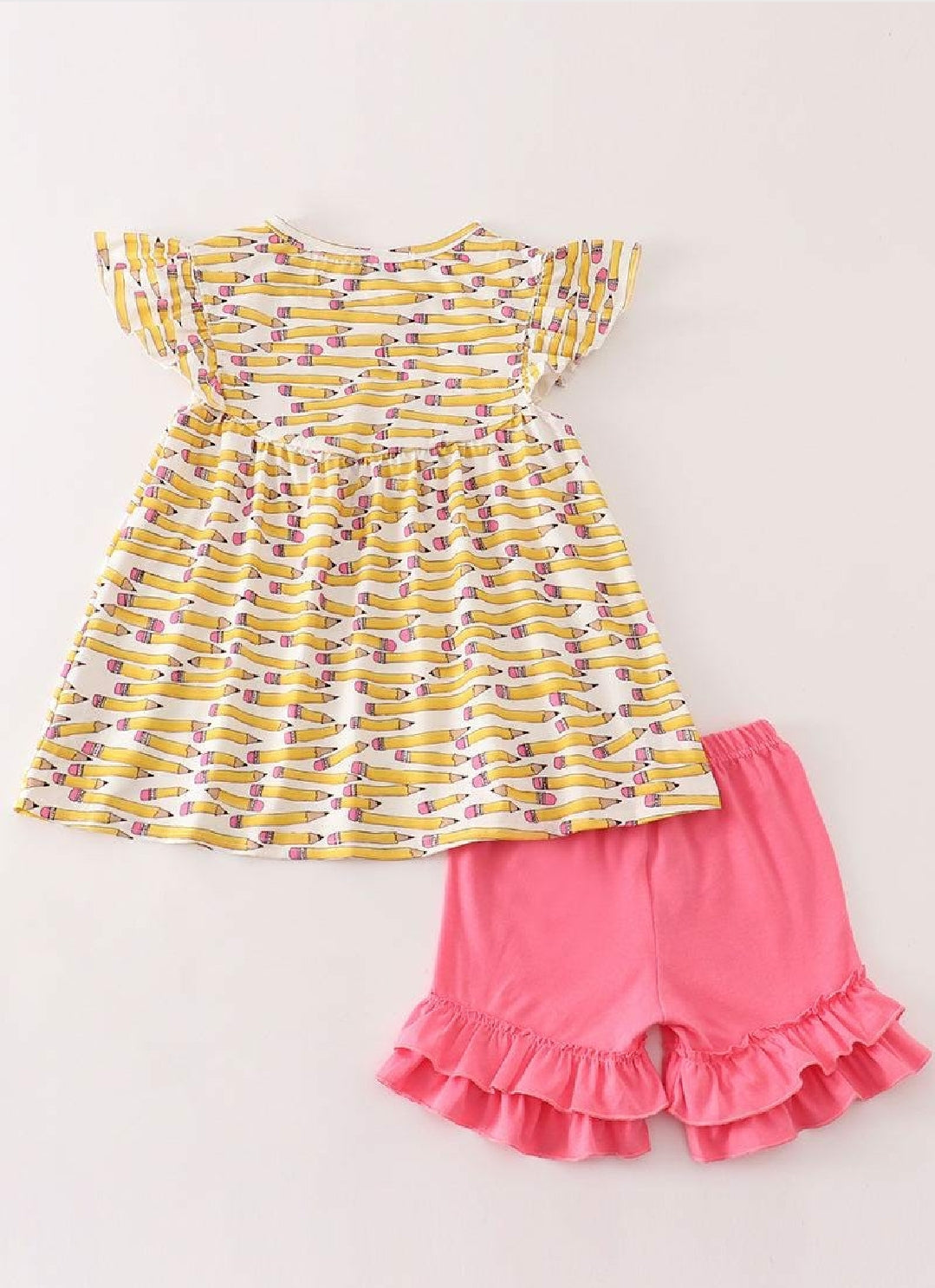 Girl's Boutique Yellow Pink Pencil BTS School Ruffle 2 Piece Set Shorts Tunic Sibling Matching