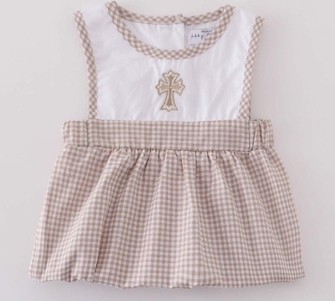 Boy's Boutique Premium White Stripe Easter Cross Brown Embroidered Bubble Romper Outfit Matching Sibling