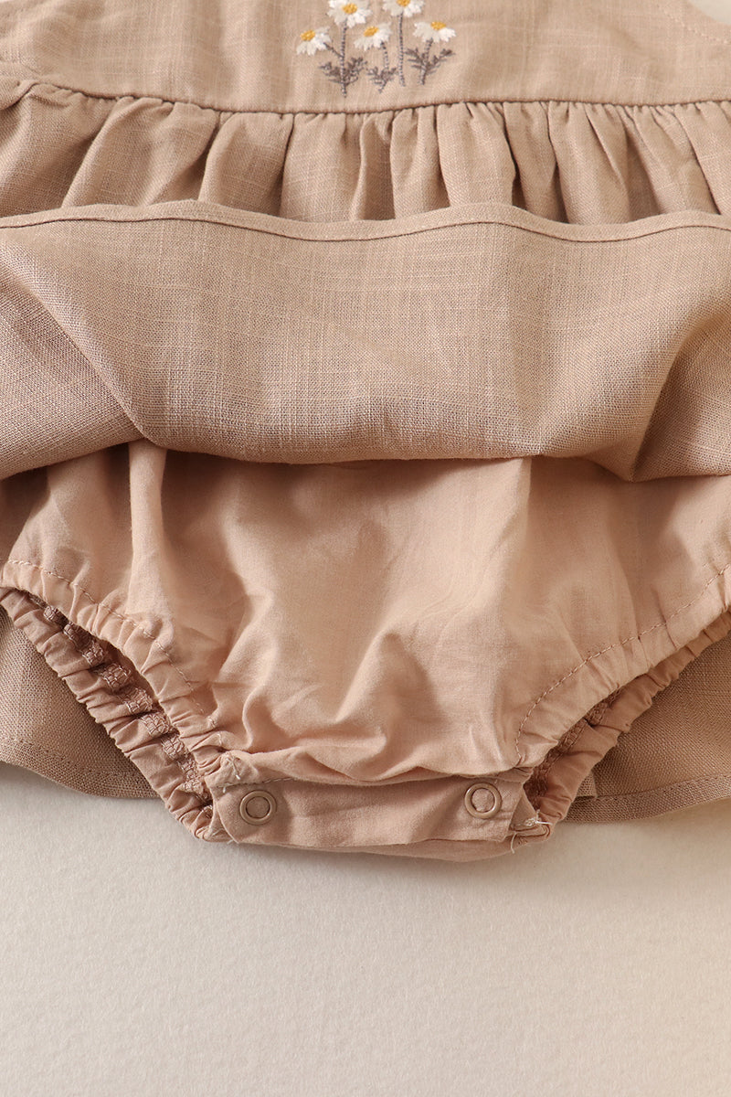 Petal & Pine Girl's Boutique Beige Floral Embroidered Linen Ruffle Strap Bubble Button Dress Matching Sibling