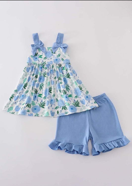 Girl's Boutique Cotton Tranquil Garden Floral Two Piece Short Set Outfit Mommy And Me Sibling Matching