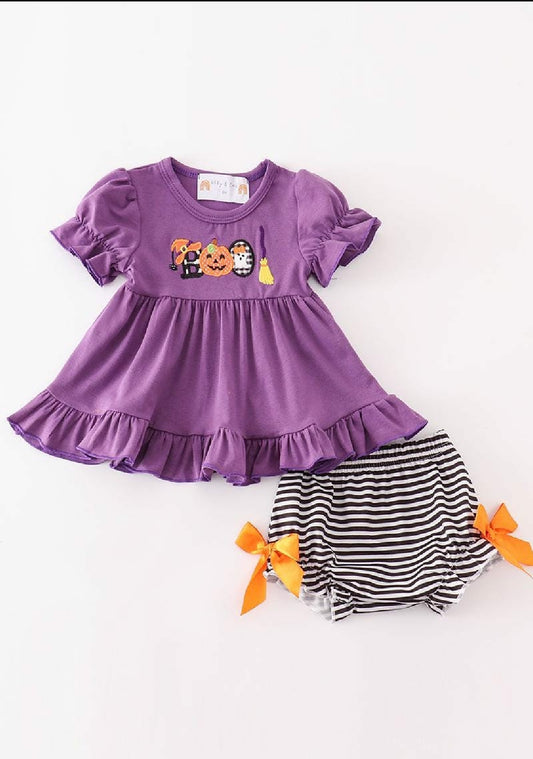 Girl's Boutique Cotton Purple Boo Halloween Embroidered Girl Bloomer Set