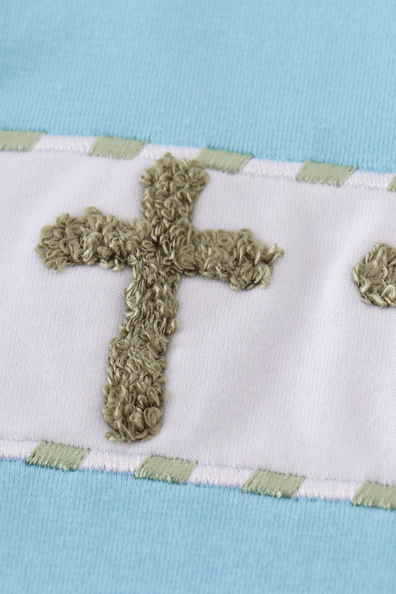 Boy's Boutique Green Blue Easter Cross French Knot Embroidered Embroidery Gingham 2 Piece Outfit Set Matching Sibling