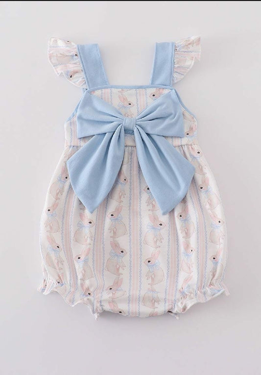 Girl's Boutique Blue Easter Bunny Bow Girl Embroidered Embroidery Bubble Romper Matching Sibling