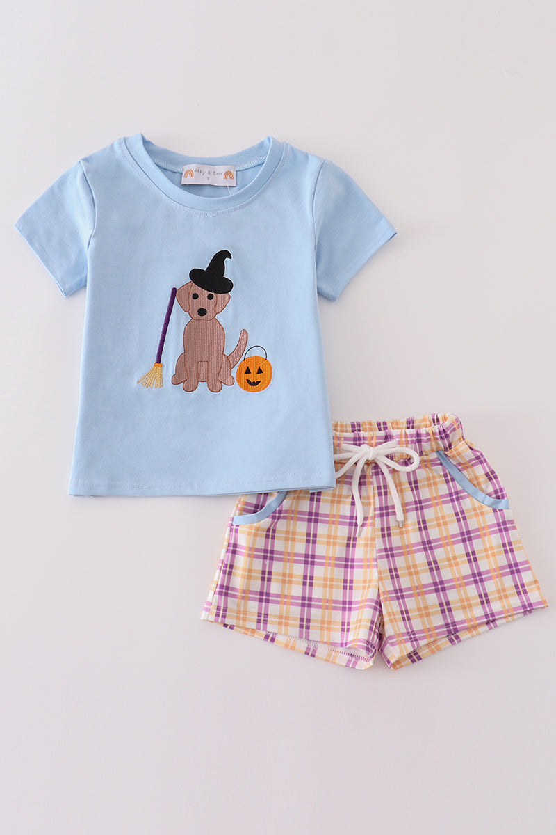 Boy's Boutique Blue Halloween Witch Dog Embroidered Embroidery Short Set Matching Sibling
