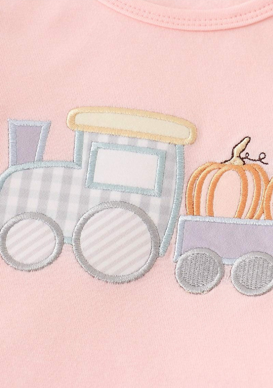 Girl's Boutique Beige Pink Train Pumpkin Applique Embroidered Embroidery Thanksgiving Fall Set Outfit Matching Sibling