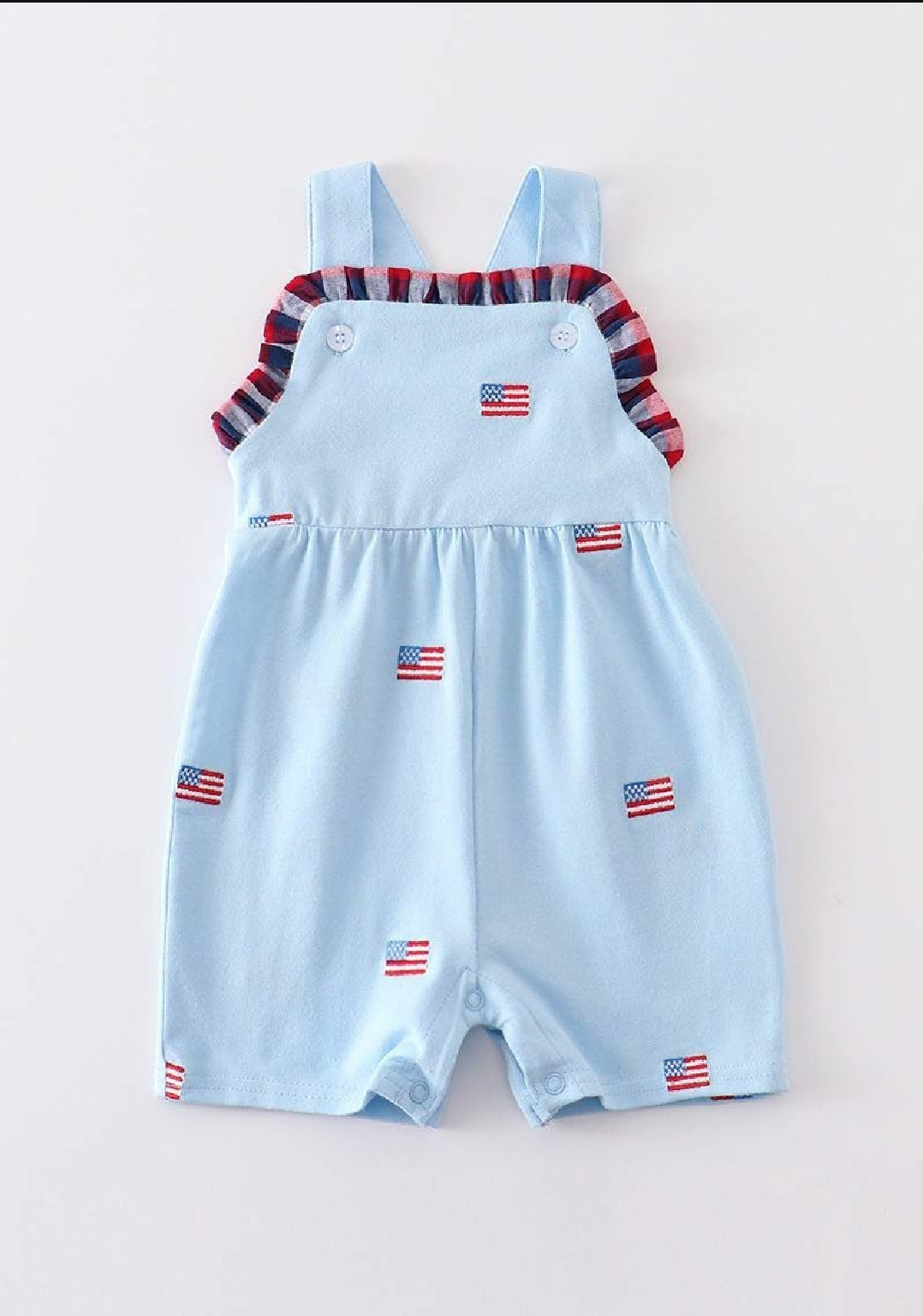 Boy's or Girl's Boutique Premium Blue Flag Patriotic 4th Of July Embroidered Jon Jon Romper Matching Sibling
