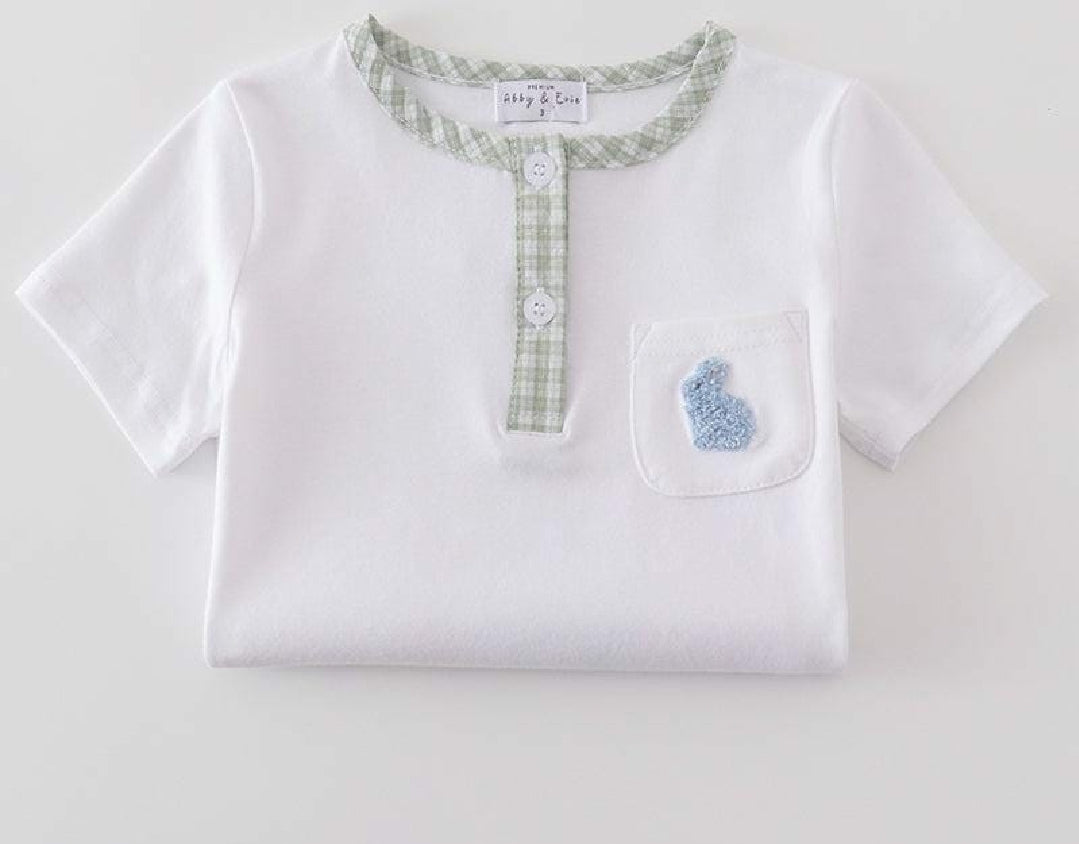 Boy's Boutique Premium White Green Easter Bunny Embroidered Two Piece Short Set Outfit Matching Sibling