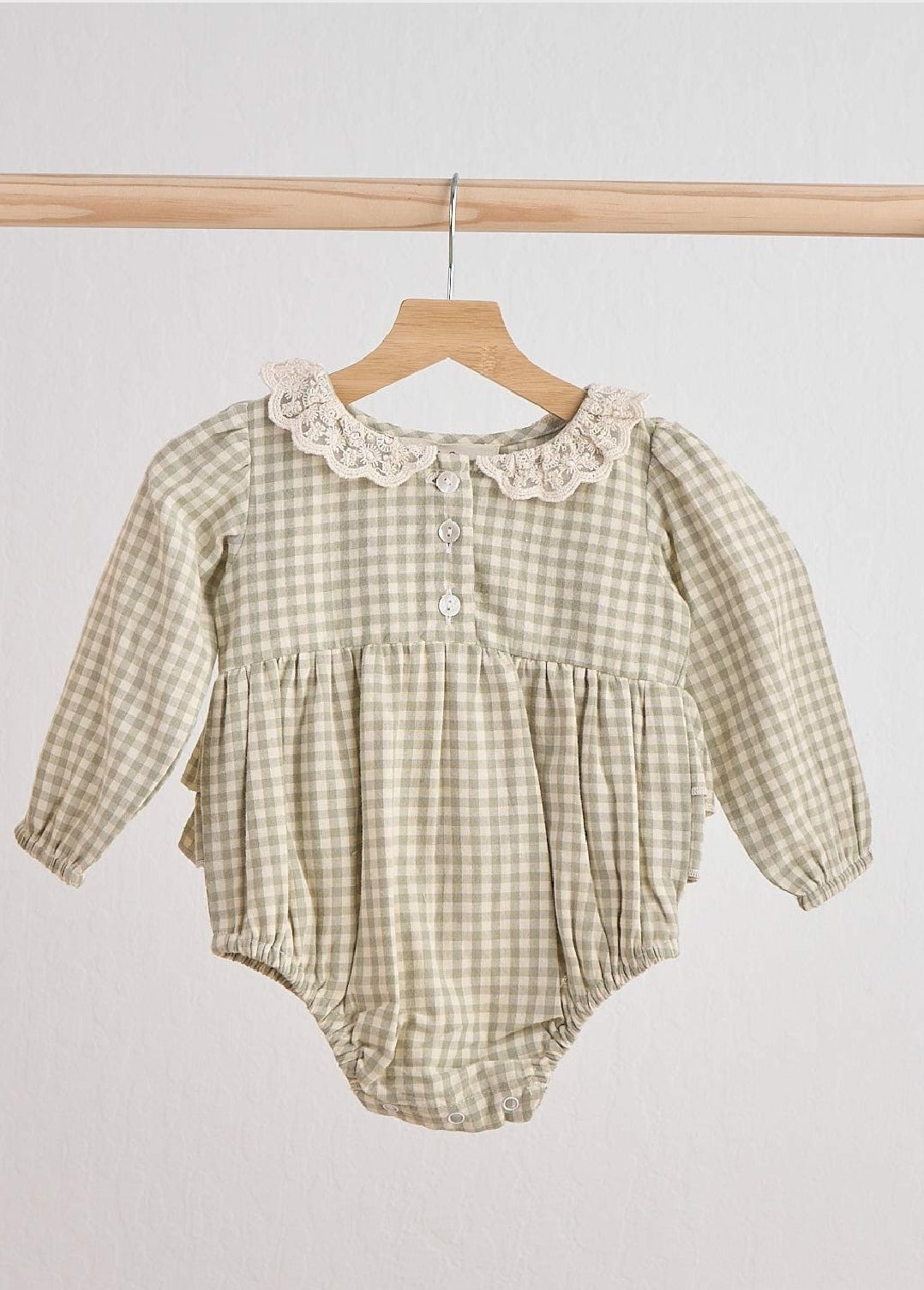 Girl's Boutique Green Plaid Linen Button Down Checkered Flannel Lace Bubble Romper Matching Sibling