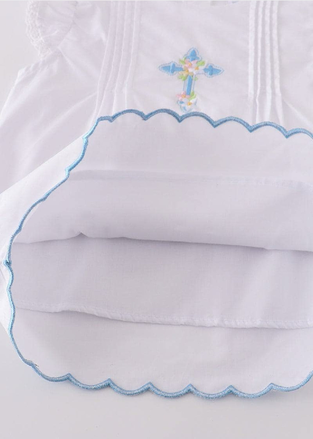 Girl's Boutique Premium White Blue Easter Cross Two Piece Short Set Outfit Sibling Matching Embroidered Embroidery