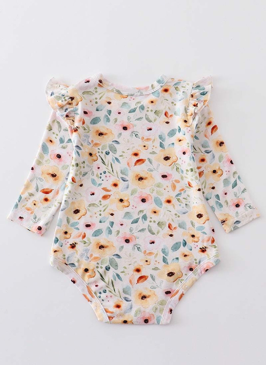 Girl's Boutique Mustard Floral Print Bamboo Baby Bubble Romper One Piece Outfit