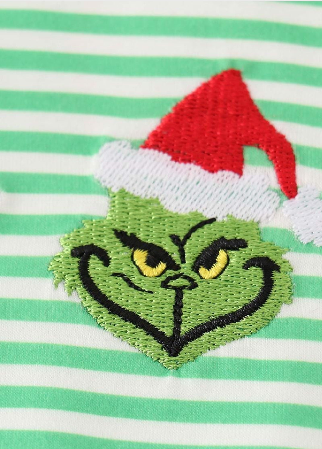 Boy's Boutique Cotton Christmas Green Stripe Green Man Character Applique Embroidered Embroidery Romper Sibling Matching