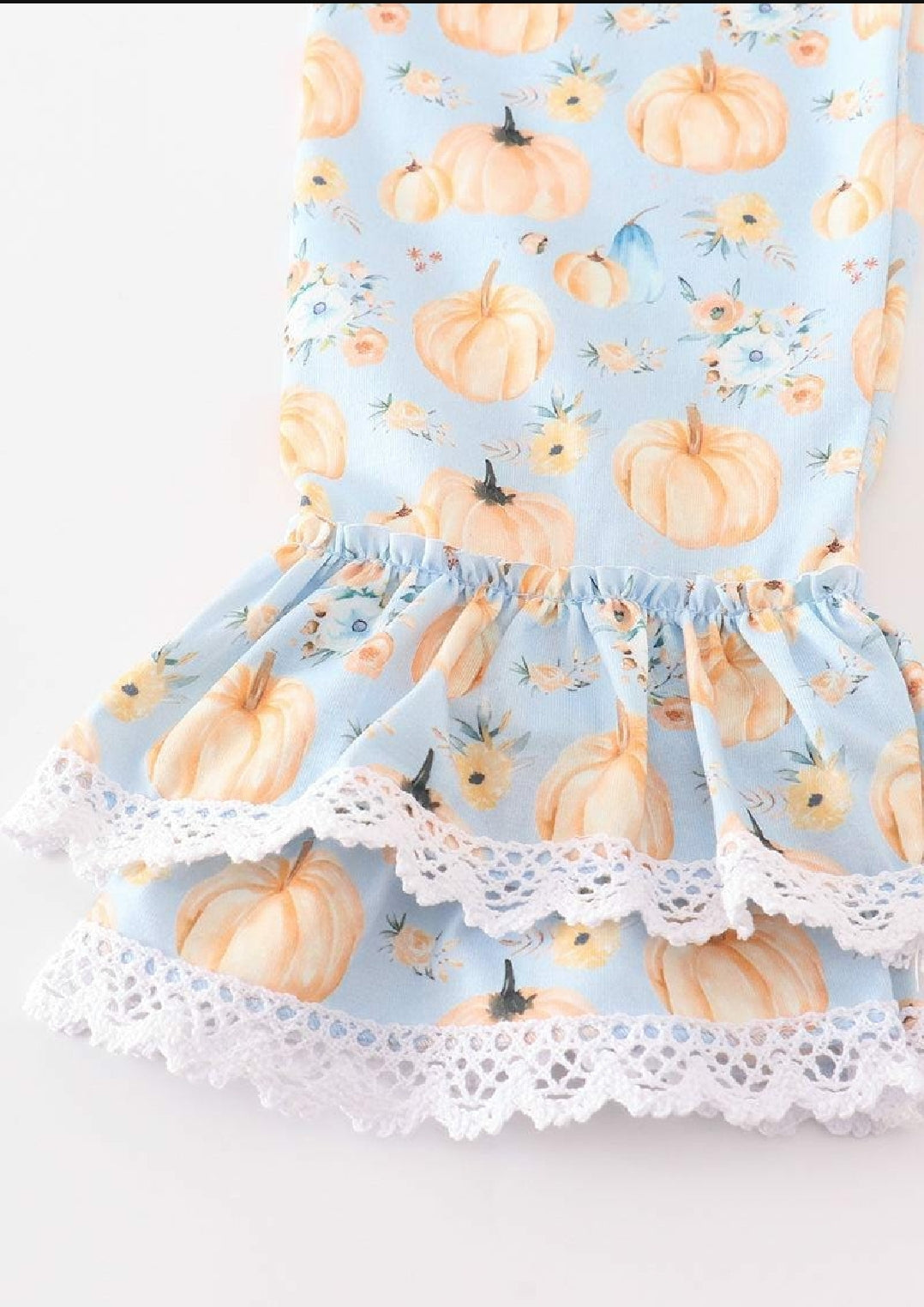 Girl's Boutique Blue Velvet Pumpkin Embroidered Embroidery Ruffle Floral Fall Pant 2 Piece Set Sibling Matching Thanksgiving