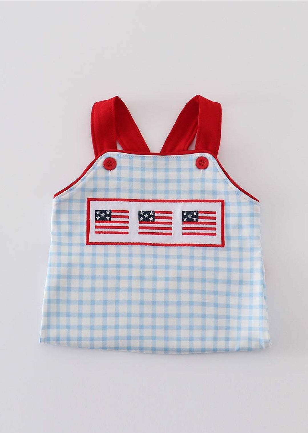 Boy's Boutique Blue Gingham Flag Patriotic 4th Of July Embroidered Jon Jon Romper Matching Sibling
