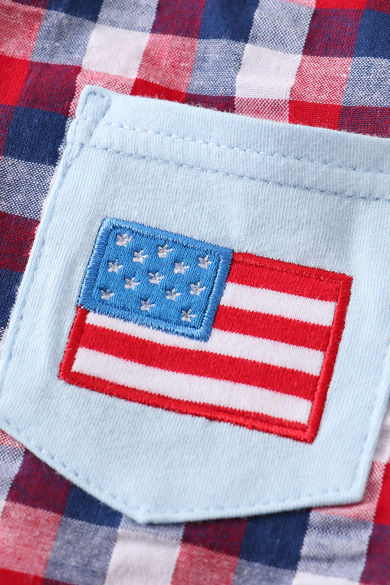 Boy's Boutique Premium Patriotic Plaid Flag Button Down Top Shirt 4th of July Sibling Matching