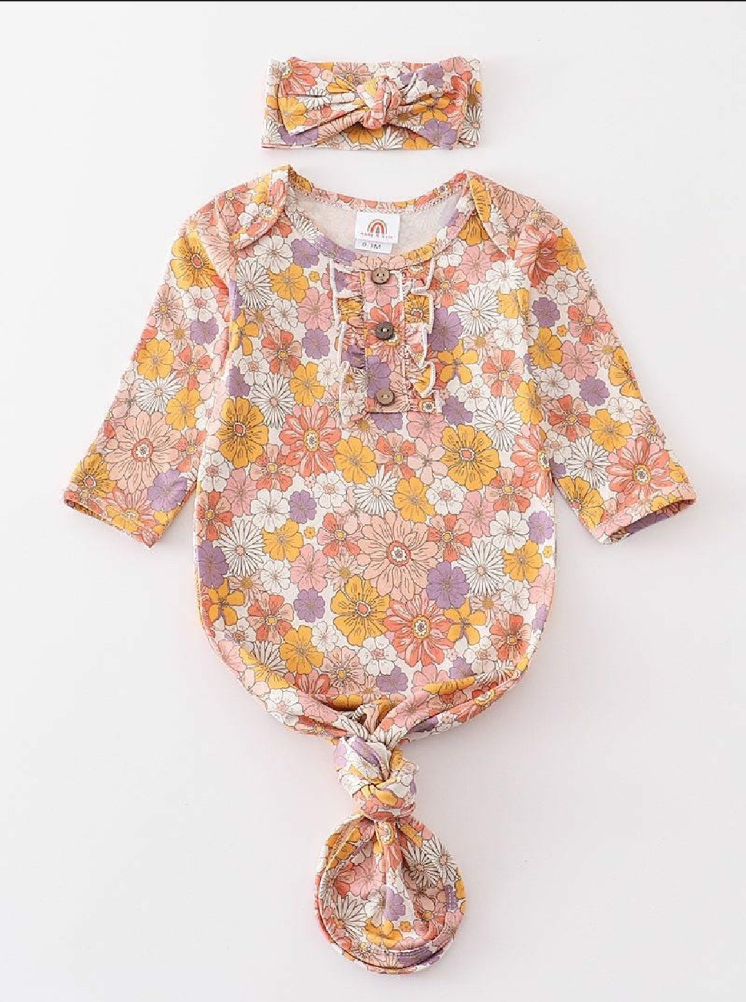 Girl's Boutique Mustard And Purple Spring Floral Print Baby Knot One Piece Outfit And Matching Headband