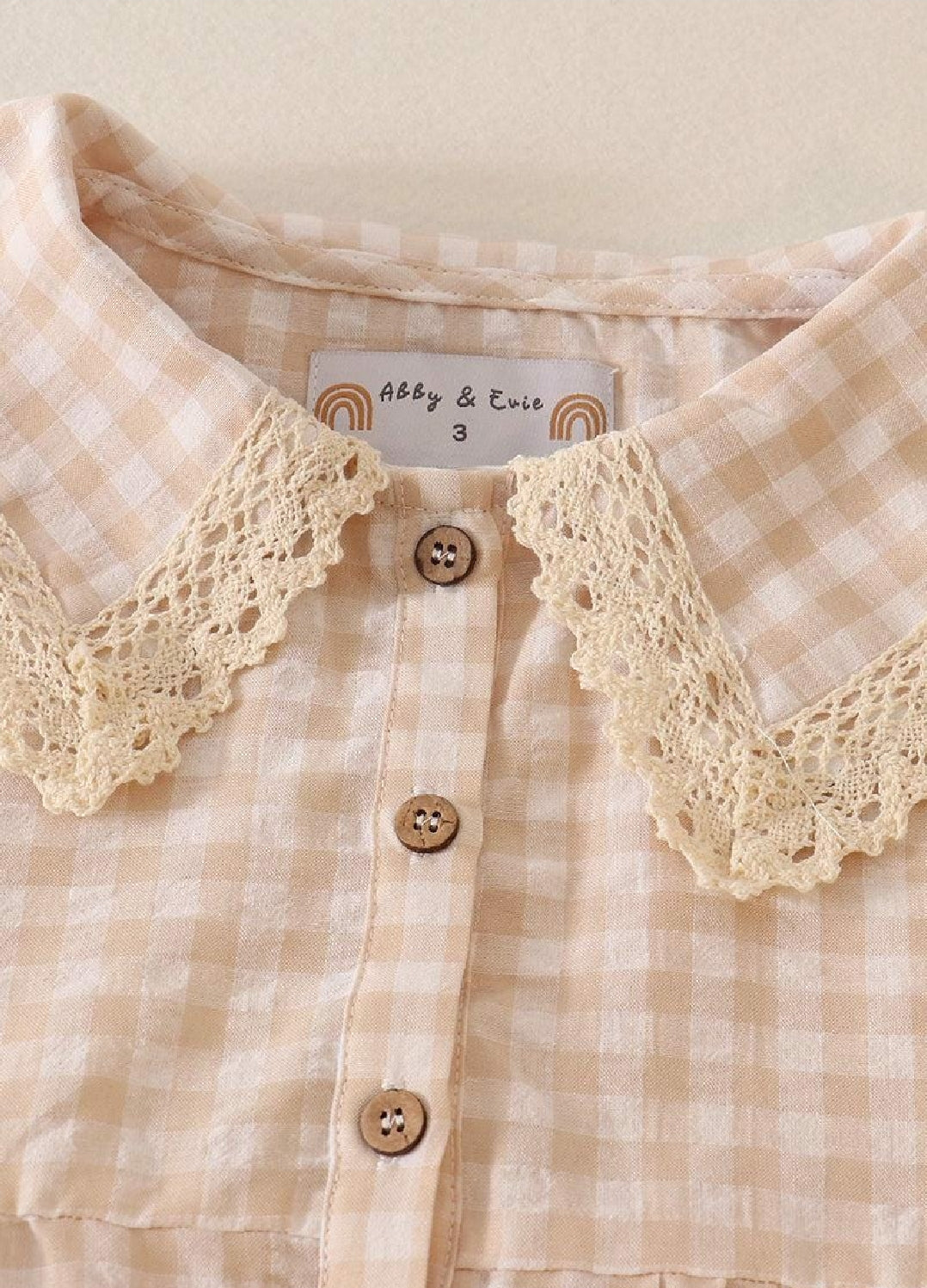 Girl's Boutique Cream Plaid Linen Button Down Checkered Lace Picnic Dress Matching Sibling