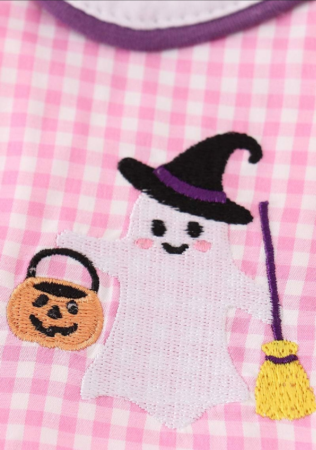 Girl's Boutique Cotton Pink And Purple Plaid Halloween Embroidered Dress Matching Sibling