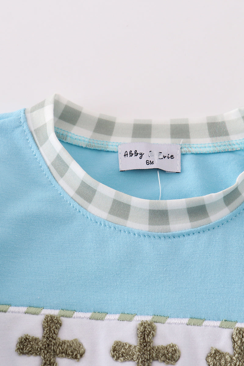 Boy's Boutique Green Blue Easter Cross French Knot Embroidered Embroidery Gingham Romper Matching Sibling