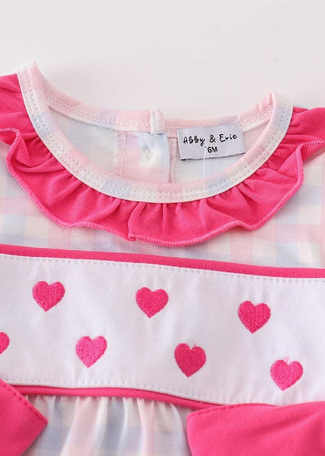Girl's Boutique Valentine's Day Heart Embroidery Embroidered Plaid Bubble Romper Matching Sibling
