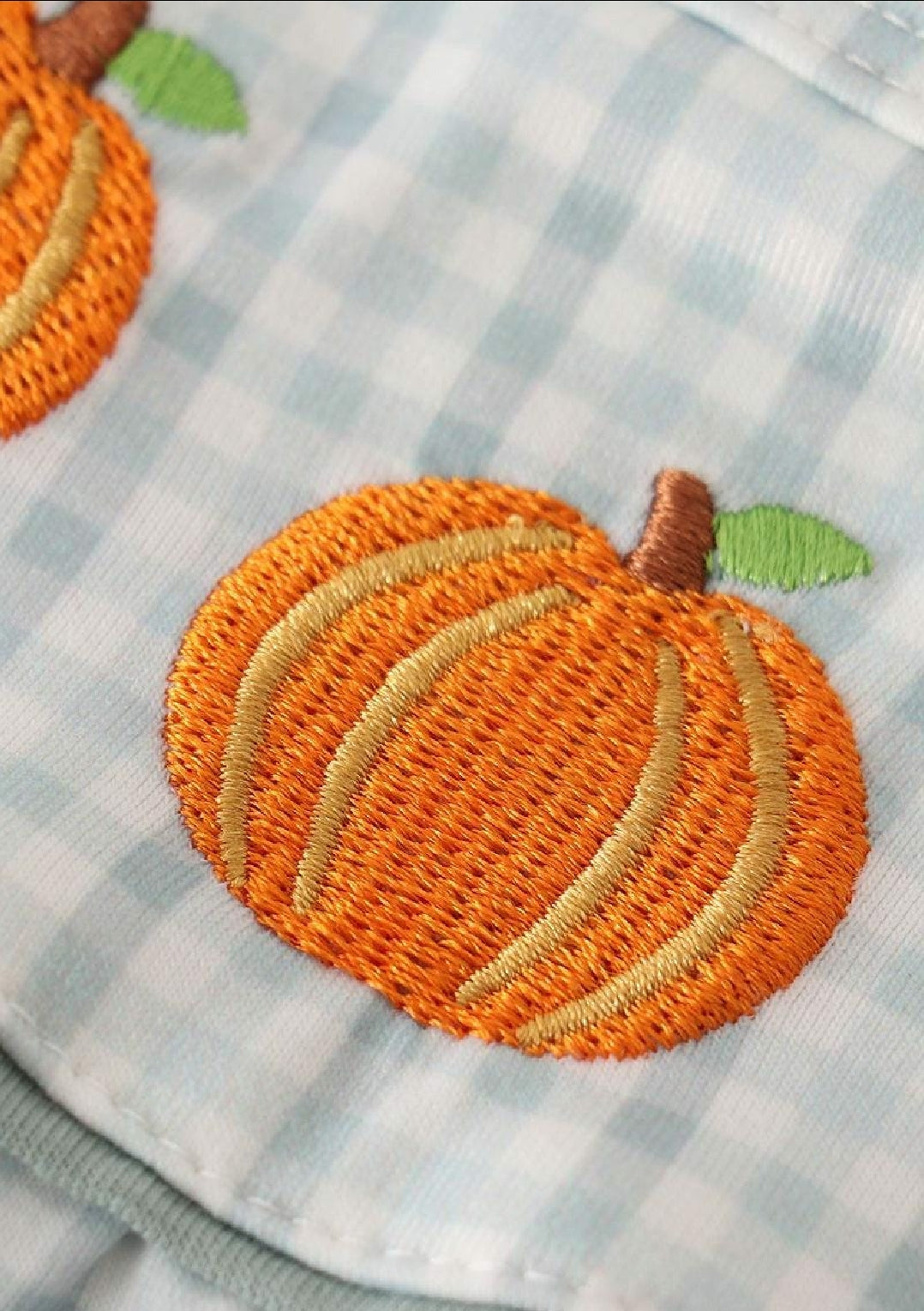 Girl's Boutique Cotton Green Pumpkin Checkard Embroidered Dress Matching Sibling