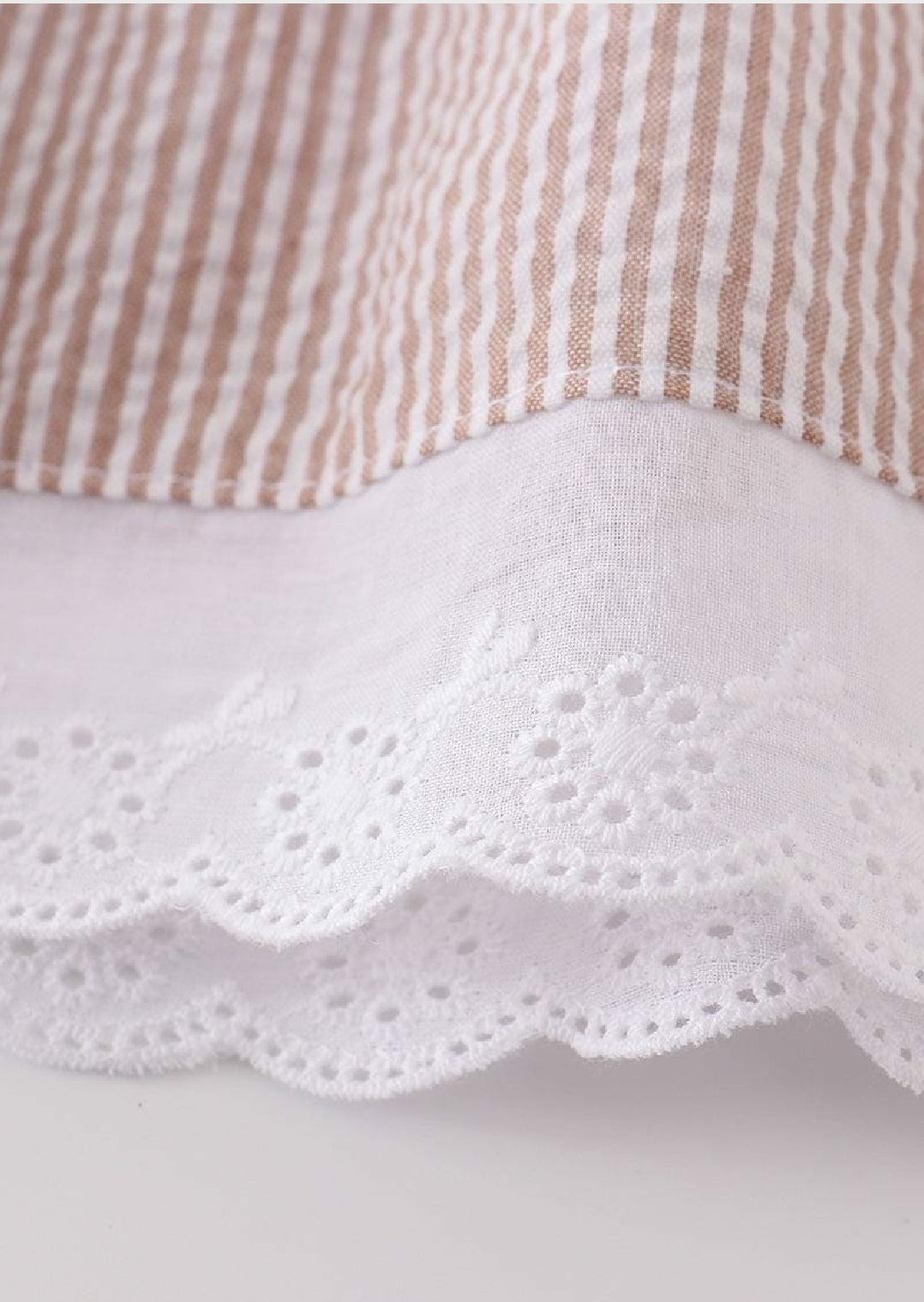 Girl's Boutique Premium White Stripe Easter Cross Brown Embroidered Two Piece Short Set Ruffles Lace Outfit Matching Sibling
